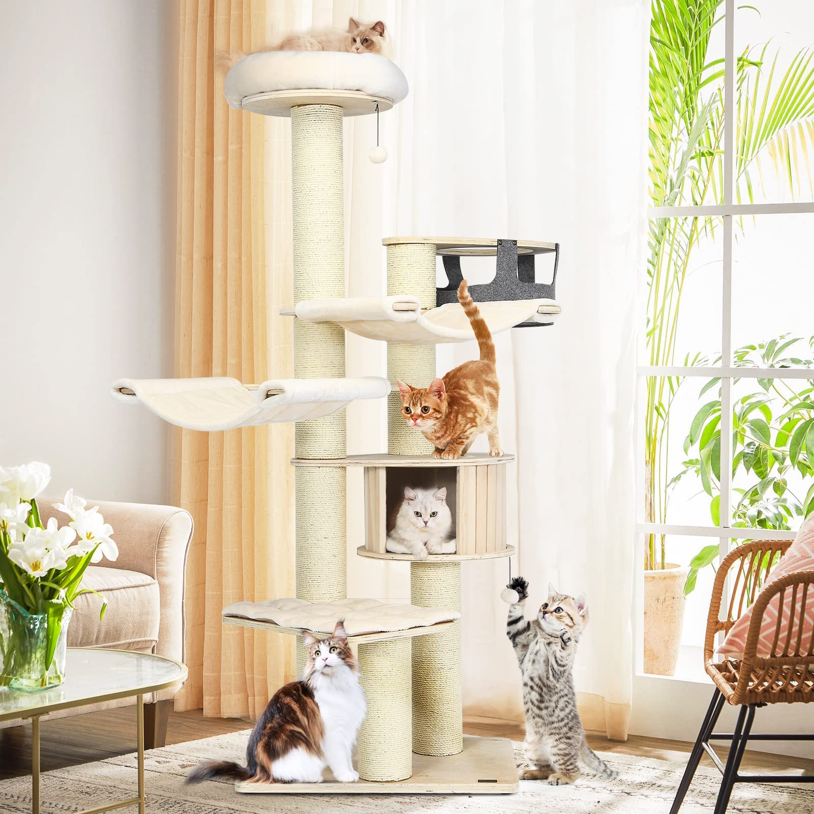 Tangkula Large Cat Tree, Multi-Level Tall Cat Tower With Sisal Scratching Posts, Hammocks, Hanging Basket, Cat Condo And Removab
